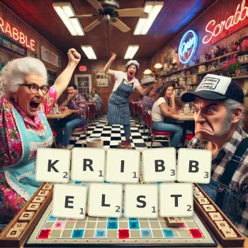 Kreative Illustration für ein Scrabble-Spiel, bei dem das Wort KRIBBELST mit Steinen auf dem Brett gelegt wurde.
