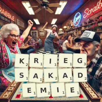 Kreative Illustration für ein Scrabble-Spiel, bei dem das Wort KRIEGSAKADEMIE mit Steinen auf dem Brett gelegt wurde.