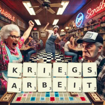 Kreative Illustration für ein Scrabble-Spiel, bei dem das Wort KRIEGSARBEIT mit Steinen auf dem Brett gelegt wurde.