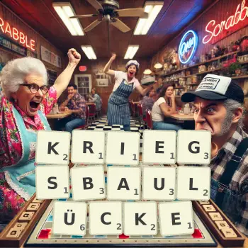 Kreative Illustration für ein Scrabble-Spiel, bei dem das Wort KRIEGSBAULÜCKE mit Steinen auf dem Brett gelegt wurde.