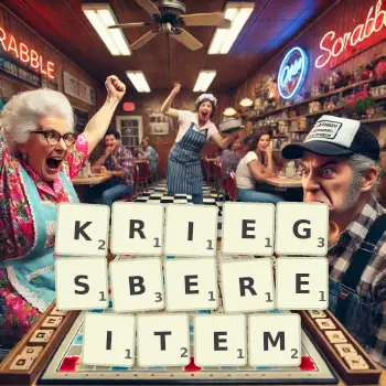 Kreative Illustration für ein Scrabble-Spiel, bei dem das Wort KRIEGSBEREITEM mit Steinen auf dem Brett gelegt wurde.
