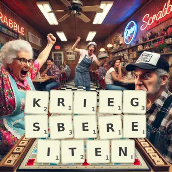 Kreative Illustration für ein Scrabble-Spiel, bei dem das Wort KRIEGSBEREITEN mit Steinen auf dem Brett gelegt wurde.