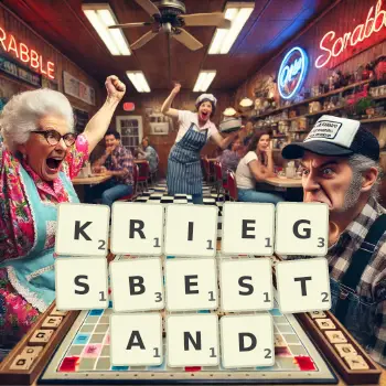 Kreative Illustration für ein Scrabble-Spiel, bei dem das Wort KRIEGSBESTAND mit Steinen auf dem Brett gelegt wurde.