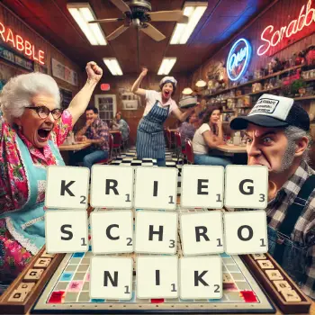 Kreative Illustration für ein Scrabble-Spiel, bei dem das Wort KRIEGSCHRONIK mit Steinen auf dem Brett gelegt wurde.