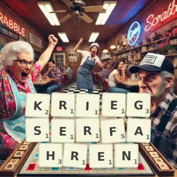 Kreative Illustration für ein Scrabble-Spiel, bei dem das Wort KRIEGSERFAHREN mit Steinen auf dem Brett gelegt wurde.