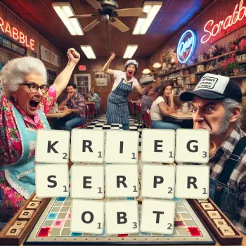 Kreative Illustration für ein Scrabble-Spiel, bei dem das Wort KRIEGSERPROBT mit Steinen auf dem Brett gelegt wurde.