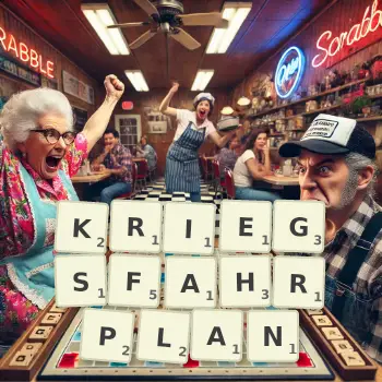 Kreative Illustration für ein Scrabble-Spiel, bei dem das Wort KRIEGSFAHRPLAN mit Steinen auf dem Brett gelegt wurde.
