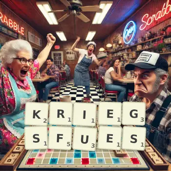 Kreative Illustration für ein Scrabble-Spiel, bei dem das Wort KRIEGSFUES mit Steinen auf dem Brett gelegt wurde.
