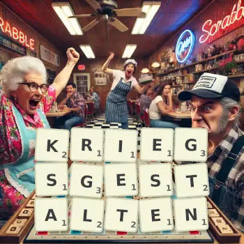 Kreative Illustration für ein Scrabble-Spiel, bei dem das Wort KRIEGSGESTALTEN mit Steinen auf dem Brett gelegt wurde.