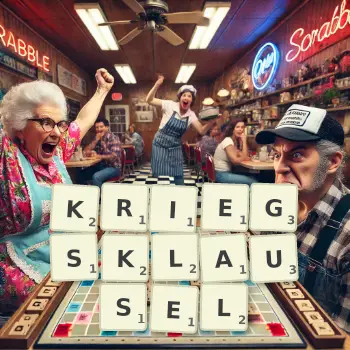 Kreative Illustration für ein Scrabble-Spiel, bei dem das Wort KRIEGSKLAUSEL mit Steinen auf dem Brett gelegt wurde.