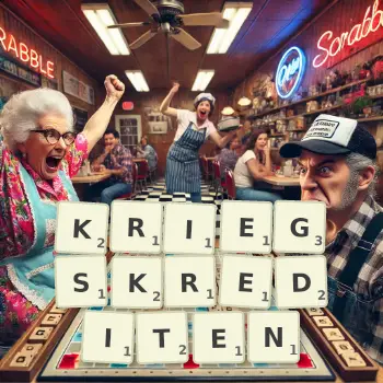Kreative Illustration für ein Scrabble-Spiel, bei dem das Wort KRIEGSKREDITEN mit Steinen auf dem Brett gelegt wurde.