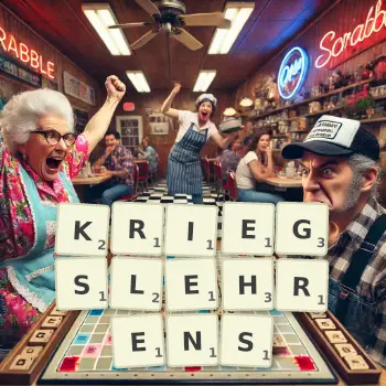 Kreative Illustration für ein Scrabble-Spiel, bei dem das Wort KRIEGSLEHRENS mit Steinen auf dem Brett gelegt wurde.