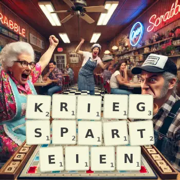 Kreative Illustration für ein Scrabble-Spiel, bei dem das Wort KRIEGSPARTEIEN mit Steinen auf dem Brett gelegt wurde.