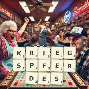 Kreative Illustration für ein Scrabble-Spiel, bei dem das Wort KRIEGSPFERDES mit Steinen auf dem Brett gelegt wurde.
