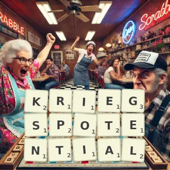 Kreative Illustration für ein Scrabble-Spiel, bei dem das Wort KRIEGSPOTENTIAL mit Steinen auf dem Brett gelegt wurde.