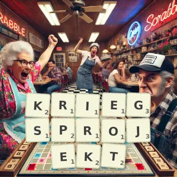 Kreative Illustration für ein Scrabble-Spiel, bei dem das Wort KRIEGSPROJEKT mit Steinen auf dem Brett gelegt wurde.