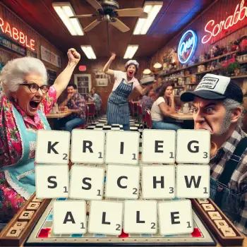 Kreative Illustration für ein Scrabble-Spiel, bei dem das Wort KRIEGSSCHWALLE mit Steinen auf dem Brett gelegt wurde.