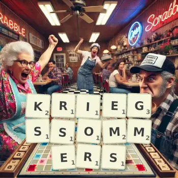 Kreative Illustration für ein Scrabble-Spiel, bei dem das Wort KRIEGSSOMMERS mit Steinen auf dem Brett gelegt wurde.