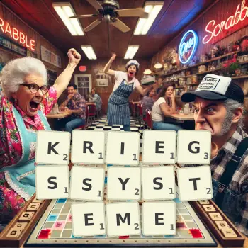 Kreative Illustration für ein Scrabble-Spiel, bei dem das Wort KRIEGSSYSTEME mit Steinen auf dem Brett gelegt wurde.