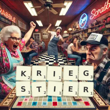 Kreative Illustration für ein Scrabble-Spiel, bei dem das Wort KRIEGSTIER mit Steinen auf dem Brett gelegt wurde.