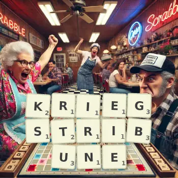 Kreative Illustration für ein Scrabble-Spiel, bei dem das Wort KRIEGSTRIBUNE mit Steinen auf dem Brett gelegt wurde.