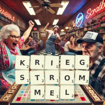 Kreative Illustration für ein Scrabble-Spiel, bei dem das Wort KRIEGSTROMMEL mit Steinen auf dem Brett gelegt wurde.