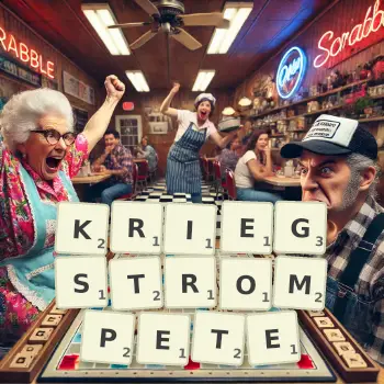 Kreative Illustration für ein Scrabble-Spiel, bei dem das Wort KRIEGSTROMPETE mit Steinen auf dem Brett gelegt wurde.
