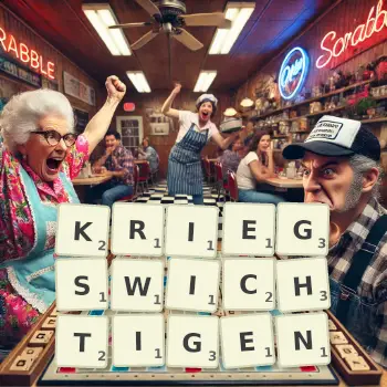 Kreative Illustration für ein Scrabble-Spiel, bei dem das Wort KRIEGSWICHTIGEN mit Steinen auf dem Brett gelegt wurde.