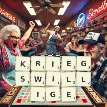 Kreative Illustration für ein Scrabble-Spiel, bei dem das Wort KRIEGSWILLIGE mit Steinen auf dem Brett gelegt wurde.