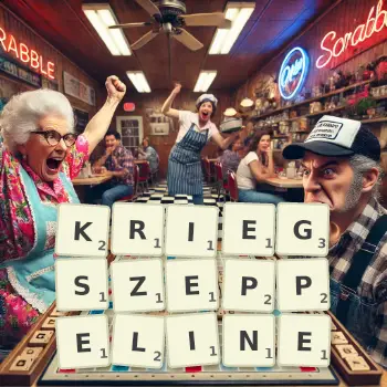 Kreative Illustration für ein Scrabble-Spiel, bei dem das Wort KRIEGSZEPPELINE mit Steinen auf dem Brett gelegt wurde.