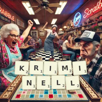 Kreative Illustration für ein Scrabble-Spiel, bei dem das Wort KRIMINELL mit Steinen auf dem Brett gelegt wurde.