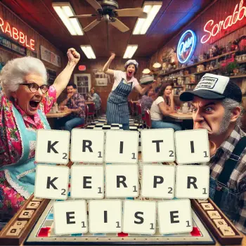 Kreative Illustration für ein Scrabble-Spiel, bei dem das Wort KRITIKERPREISE mit Steinen auf dem Brett gelegt wurde.