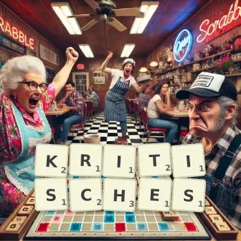 Kreative Illustration für ein Scrabble-Spiel, bei dem das Wort KRITISCHES mit Steinen auf dem Brett gelegt wurde.