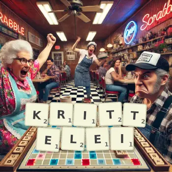Kreative Illustration für ein Scrabble-Spiel, bei dem das Wort KRITTELEI mit Steinen auf dem Brett gelegt wurde.