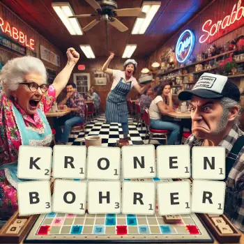Kreative Illustration für ein Scrabble-Spiel, bei dem das Wort KRONENBOHRER mit Steinen auf dem Brett gelegt wurde.