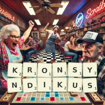 Kreative Illustration für ein Scrabble-Spiel, bei dem das Wort KRONSYNDIKUS mit Steinen auf dem Brett gelegt wurde.