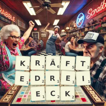Kreative Illustration für ein Scrabble-Spiel, bei dem das Wort KRÄFTEDREIECK mit Steinen auf dem Brett gelegt wurde.