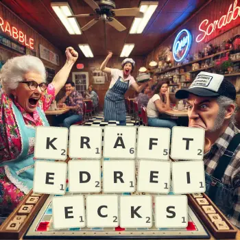 Kreative Illustration für ein Scrabble-Spiel, bei dem das Wort KRÄFTEDREIECKS mit Steinen auf dem Brett gelegt wurde.