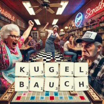 Kreative Illustration für ein Scrabble-Spiel, bei dem das Wort KUGELBAUCH mit Steinen auf dem Brett gelegt wurde.