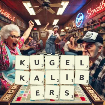 Kreative Illustration für ein Scrabble-Spiel, bei dem das Wort KUGELKALIBERS mit Steinen auf dem Brett gelegt wurde.
