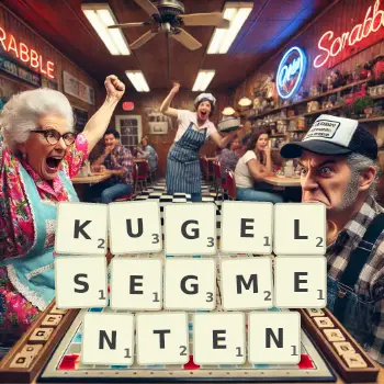 Kreative Illustration für ein Scrabble-Spiel, bei dem das Wort KUGELSEGMENTEN mit Steinen auf dem Brett gelegt wurde.