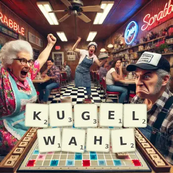 Kreative Illustration für ein Scrabble-Spiel, bei dem das Wort KUGELWAHL mit Steinen auf dem Brett gelegt wurde.
