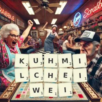 Kreative Illustration für ein Scrabble-Spiel, bei dem das Wort KUHMILCHEIWEI mit Steinen auf dem Brett gelegt wurde.