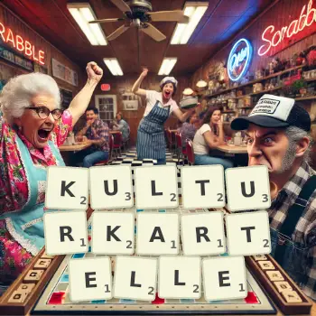 Kreative Illustration für ein Scrabble-Spiel, bei dem das Wort KULTURKARTELLE mit Steinen auf dem Brett gelegt wurde.