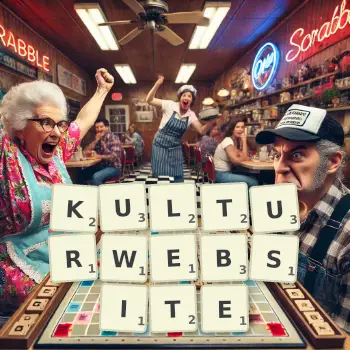 Kreative Illustration für ein Scrabble-Spiel, bei dem das Wort KULTURWEBSITE mit Steinen auf dem Brett gelegt wurde.