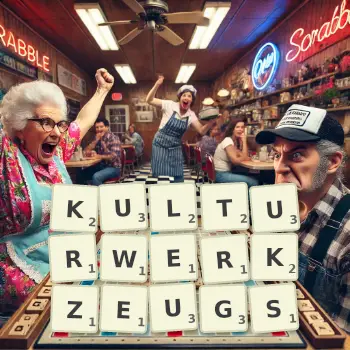 Kreative Illustration für ein Scrabble-Spiel, bei dem das Wort KULTURWERKZEUGS mit Steinen auf dem Brett gelegt wurde.