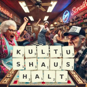Kreative Illustration für ein Scrabble-Spiel, bei dem das Wort KULTUSHAUSHALT mit Steinen auf dem Brett gelegt wurde.