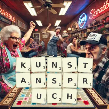 Kreative Illustration für ein Scrabble-Spiel, bei dem das Wort KUNSTANSPRUCH mit Steinen auf dem Brett gelegt wurde.