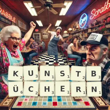 Kreative Illustration für ein Scrabble-Spiel, bei dem das Wort KUNSTBÜCHERN mit Steinen auf dem Brett gelegt wurde.