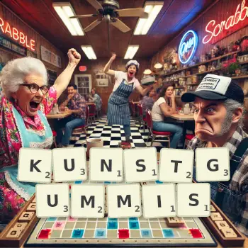 Kreative Illustration für ein Scrabble-Spiel, bei dem das Wort KUNSTGUMMIS mit Steinen auf dem Brett gelegt wurde.